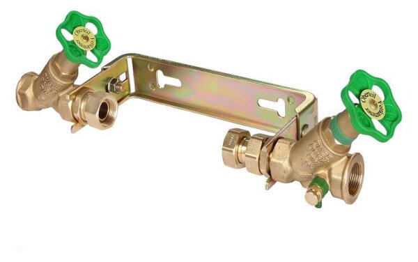 Wasserzähler-Anschlussgarnitur Edelstahl, verstellbar, mit Ventilen & Erdungsschraube 1  1/4"
