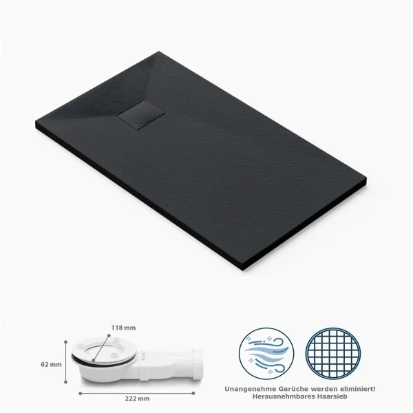 Duschwanne, Antirutsch, flach, Steinoptik, inkl. Siphon, 140 x 90 x 3 cm, Schwarz