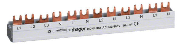 Hager KDN450D Phasenschiene 3P+N 80A Gabel 16mm² 12M für 3P+N Einspeisung u. 1P+N Abgänge